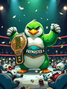 a cartoon illustration of a penguin holding a paymaster belt