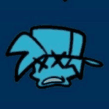 a blue cartoon character with a hat and a crying face is on a blue background .