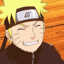 naruto is wearing a headband and smiling while sitting on a wooden floor .