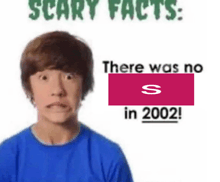 a boy in a blue shirt is standing in front of a poster that says scary facts there was no s in 2002