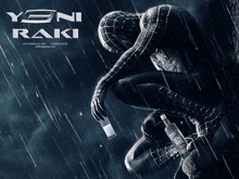 a poster for yeni raki shows a spiderman holding a bottle of raki