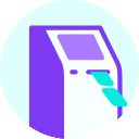 a purple and white icon of an atm with a blue card coming out of it .