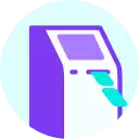 a purple and white icon of an atm with a blue card coming out of it .