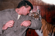 a man with a tattoo on his arm is petting a small tiger cub