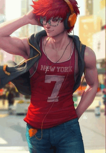 a man wearing headphones and a red new york shirt