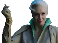 a woman with white hair and a green collar is wearing a watch