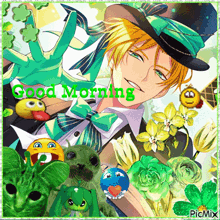 a picture of a man in a green hat with the words good morning written in green