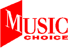 a red music choice logo with a white background