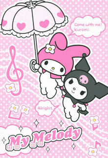 a cartoon of my melody and kuromi holding hands under an umbrella