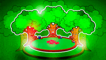 a cartoon illustration of three trees playing cards on a green background