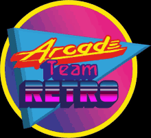 a colorful logo for arcade team retro with a yellow circle in the middle