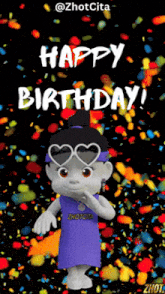 a cartoon character is wearing heart shaped glasses and says happy birthday