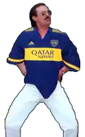 a man wearing a blue qatar airways shirt is dancing