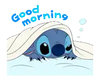 a cartoon of stitch under a blanket with the words " good morning "