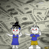 two cartoon characters are standing in front of a pile of money and one has the word zhou on his shirt