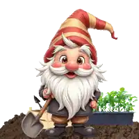 a gnome is holding a shovel and wearing a red and yellow striped hat