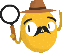 a cartoon illustration of a lemon with a hat and mustache holding a magnifying glass