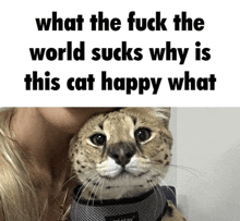 a woman holding a cat with a caption that says what the fuck the world sucks why is this cat happy what