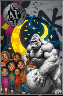 a cartoon drawing of a gorilla sitting on a globe with a coin that says ae on it