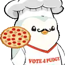 a penguin wearing a chef 's hat and a vote 4 pudgy shirt is holding a pizza