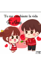 a cartoon of a boy giving a rose to a girl with the words " tu me cambiaste la vida te amo " above them