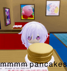 a girl with purple hair is holding a stack of pancakes in front of a sign that says mmmm pancakes