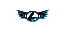 a blue and black logo with wings and the letter l