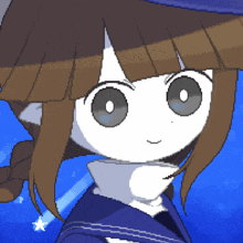 a pixel art drawing of a girl with brown hair and a hat