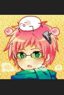 a drawing of a girl with pink hair and green eyes with a white object on her head