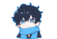 a drawing of a boy with blue eyes and a scarf around his neck