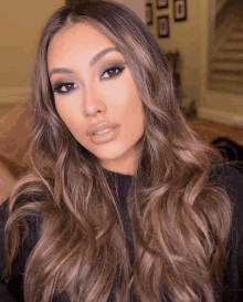 a close up of a woman 's face with long brown hair