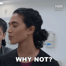 a close up of a woman 's face with the words " why not " above her