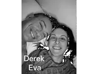 a black and white photo of a man and a woman with the name derek eva written below them