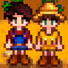 a boy and a girl are standing next to each other in a pixel art game