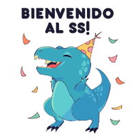 a blue dinosaur wearing a party hat with the words bienvenido al ss