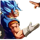 a cartoon character with blue hair and a hand pointing at him