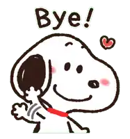 a cartoon drawing of snoopy saying bye with a heart in the background