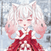 a girl with white hair and pink highlights is wearing a red dress with snowflakes around her