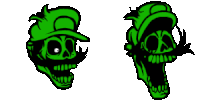 two green skulls with hats on their heads on a white background