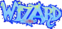 the word wizard is written in blue graffiti