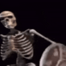 a skeleton is sitting on a chair with a fan in his hand .