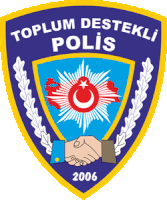 a blue and yellow emblem for toplum destekli polis with two hands shaking