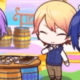 a cartoon character is standing next to a table with barrels in the background and smiling .