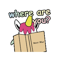 a cartoon of a unicorn holding a book and asking where are you ?