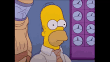 a cartoon of homer simpson standing in front of a row of clocks