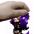 a hand is petting a cartoon character with purple hair and a black dress .