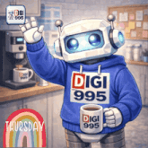 a robot is wearing a digi 995 sweater and holding a mug of coffee