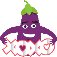 a purple eggplant with a green leaf is holding a sign that says xoxo