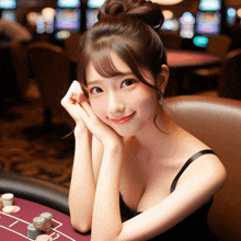 a woman sitting at a poker table with a bun on her head