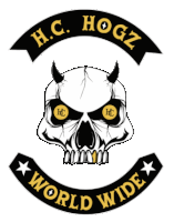 a logo for h.c. hogz world wide with a skull and horns